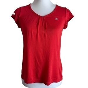 Lacoste Roland Garros‎ Paris Red V-neck Cap Sleeves Cotton T-Shirt Sz 36